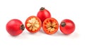 Rosehips Rosa Canina fruits, one cut in half isolated on white background Royalty Free Stock Photo