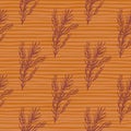 Rosemary branches silhouettes seamless pattern. Herbal fresh print on orange striped background