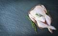 Rosemary chicken meat wooden cutting board / fresh raw chicken whole on black plate background Royalty Free Stock Photo