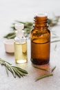 Rosemary essential oil in a glass bottle with fresh branch rosemary herb on grey table for spa,aromatherapy and bodycare.Copy Royalty Free Stock Photo