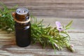 Rosemary essential oil in a glass dropper bottle with fresh green rosemary herb on old wooden table for spa,aromatherapy and bodyc Royalty Free Stock Photo