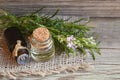 Rosemary essential oil in a glass dropper bottle with fresh green rosemary herb on old wooden table for spa,aromatherapy and body Royalty Free Stock Photo