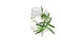 Rosemary essential oil in glass and fresh rosemary twig isolated Royalty Free Stock Photo