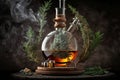 Rosemary essential oil process. Distillation in progress. Royalty Free Stock Photo