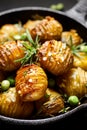 Rosemary and garlic roast potatoes with green peas on a cast iron pan Royalty Free Stock Photo