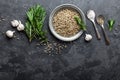 Rosemary, garlic, salt and white pepper, culinary background with various spices, directly above, flat lay Royalty Free Stock Photo