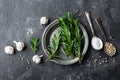 Rosemary, garlic, salt and white pepper, culinary background with various spices, directly above, flat lay Royalty Free Stock Photo