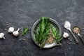 Rosemary, garlic, salt and white pepper, culinary background with various spices, directly above, flat lay Royalty Free Stock Photo