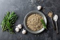 Rosemary, garlic, salt and white pepper, culinary background with various spices, directly above, flat lay Royalty Free Stock Photo