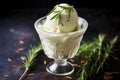 rosemary infusion ice cream in a glass cup with fresh rosemary twigs on the side