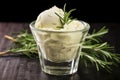 rosemary infusion ice cream in a glass cup with fresh rosemary twigs on the side