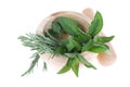 Rosemary and mint in a wooden pounder