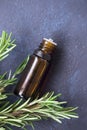 Rosemary oil, aromatherapy essential oil bottle, medicinal herb and food condiment