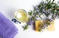 Rosemary plant natural soap with towel Royalty Free Stock Photo