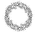 Rosemary wreath hand drawn, isolated. Beautiful circle frame, template with place for lettering in black with white color. Vector