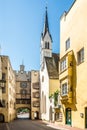 View at the Brucktor Gate and Hospital church in the streets of Wasserburg am Inn in Germany