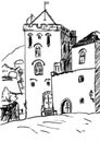 Rosenkrantztower fortress in the city of Bergen in Norway, graphic black and white pattern, travel sketch Royalty Free Stock Photo