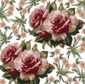 Roses Pattern. Realistic Isolated Flowers. Vintage Baroque Background. Wallpaper. Drawing Engraving.
