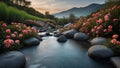 roses bloom on either side of the river