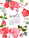 Roses bloom floral june calendar. Summer garden and wild buds with flowers, leaves branches in pink realistic vector art. Month