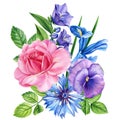 Roses, bluebells, iris and cornflowers. Bouquet Flower isolated white background, watercolor botanical painting.