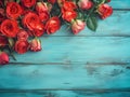 Roses Border with copy space.Beautiful Frame Composite with Wood ,Women& x27;s and Mother& x27;s Day,generated with AI. Royalty Free Stock Photo