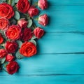 Roses Border with copy space.Beautiful Frame Composite with Wood ,Women& x27;s and Mother& x27;s Day,generated with AI. Royalty Free Stock Photo