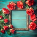 Roses Border with copy space.Beautiful Frame Composite with Wood ,Women& x27;s and Mother& x27;s Day,generated with AI. Royalty Free Stock Photo