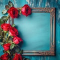 Roses Border with copy space.Beautiful Frame Composite with Wood ,Women& x27;s and Mother& x27;s Day,generated with AI. Royalty Free Stock Photo