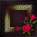 Roses bouquet corner with frame Vintage background mandala card with golden lace ornaments and art deco floral decorative elements