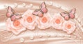 Roses, butterflies and pearls on pink silk Royalty Free Stock Photo