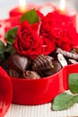 Roses  and chocolate candies for Valentine`s Day Royalty Free Stock Photo