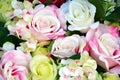 Roses, colorful flowers and leaves, natural background