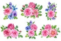 Roses, bluebells, cornflowers and lily. Bud, leaves, flower isolated white background, watercolor botanical painting. Royalty Free Stock Photo