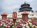 Roses decorating the facade of The Hall of Prayer for Good Harvest at the Temple of Heaven, Beijing, China, Asia