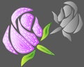 Roses, elements of design.Bud, flower, leaves drawn in sewing style, patches, seam