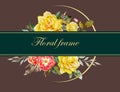 Roses floral wreath in fall colors with yellow and pink watercolor handpaint flowers on dark brown with green background Royalty Free Stock Photo