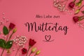 Roses Flower Arrangement, German Text Muttertag Means Mothers Day , Flat Lay