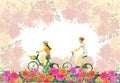 Roses flower with young man, woman,ride bicycle.