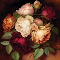 Roses flowers bouquet, realistic luxurious bouquet, printable square oil painting, barouque style