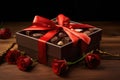 Roses flowers with a box of chocolate candy. Generative AI Royalty Free Stock Photo