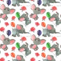 Roses flowers and buds with cute elephants with baloons seamless pattern background Royalty Free Stock Photo