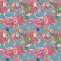 Roses flowers and buds with cute elephants with baloons seamless pattern background Royalty Free Stock Photo