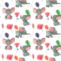 Roses flowers and buds with cute elephants with baloons seamless pattern background Royalty Free Stock Photo