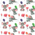 Roses flowers and buds with cute elephants with baloons seamless pattern background