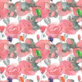 Roses flowers and buds with cute elephants with baloons seamless pattern background