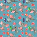 Roses flowers and buds with cute elephants with baloons seamless pattern background