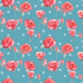 Roses flowers and buds pink blue vintage seamless pattern background