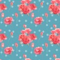 Roses flowers and buds pink blue vintage seamless pattern background