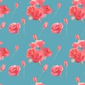 Roses flowers and buds pink blue vintage seamless pattern background Royalty Free Stock Photo